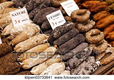 Stock Image - "Sausage stall with French salami, Honfleur, Departement Calvados, Lower Normandy, France, Europe". Fotosearch