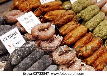 "Sausage stall with French salami, Honfleur, Departement Calvados, Lower Normandy, France, Europe" View Large Photo Image Stock Photo - "Sausage stall with French salami, Honfleur, Departement Calvados, Lower Normandy, France, Europe". Fotosearch