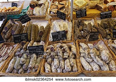 Picture - "Sausages, weekly market in Apt, Provence region, Departement Vaucluse, France, Europe". Fotosearch