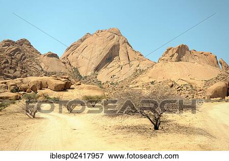 Stock Photo - Savannah landscape with granite rocks and Spitzkoppe Mountain, Grosse Spitzkuppe Nature Reserve, Namibia, Africa. Fotosearch