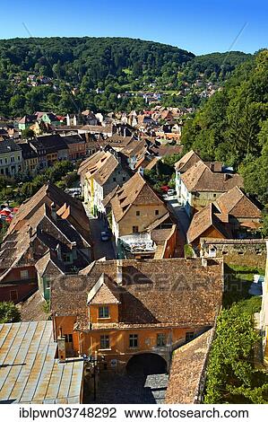 Stock Image - "Saxon medieval citadel from the clock tower, Sighisoara, Transylvania, Romania, Europe". Fotosearch