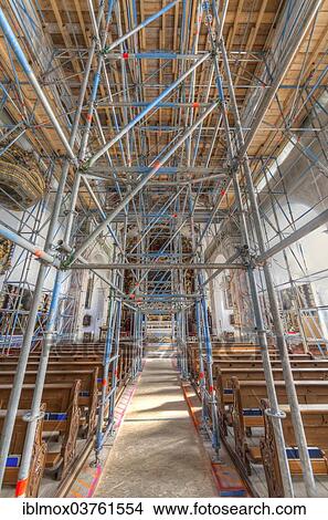 Picture - "Scaffolding, restoration of the monastery church Au am Inn, Au am Inn Convent, Gars am Inn, Upper Bavaria, Bavaria, Germany, Europe". Fotosearch