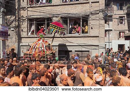 Stock Image - "Scene from the Balkumari Jatra festival celebrating the Nepalese New Year, Thimi, Bhaktapur, Nepal, Asia". Fotosearch