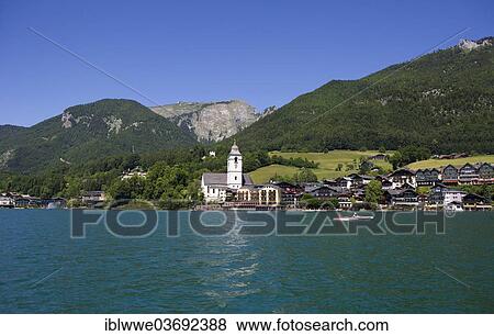 Stock Photo - "Schafberg Mountain, parish church, Pilgrimage Church of St. Wolfgang, Lake Wolfgang, St. Wolfgang, Salzkammergut, Austria, Europe". Fotosearch
