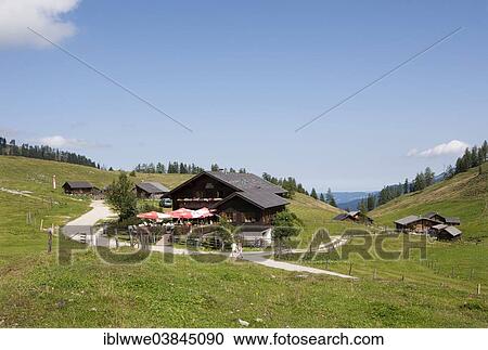 Stock Image - "Schafbergblickhutte hut, Postalm, Salzkammergut, Salzburg State, Austria, Europe". Fotosearch