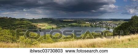 Stock Image - "Schalkenmehren Maar, panoramic, Schalkenmehren, Vulkan Eifel, Eifel, Rhineland-Palatinate, Germany, Europe". Fotosearch