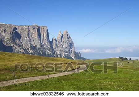 Stock Photograph - "Schlern Massif or Sciliar Massif, Schlern or Sciliar, Seiser Alm or Alpe di Siusi, high alpine pasture, South Tyrol, Italy, Europe". Fotosearch