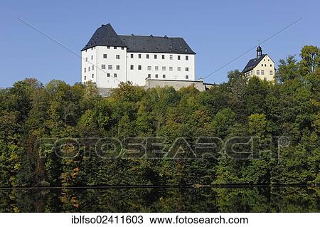 Stock Image - Schloss Burgk Castle above Burgkhammer Reservoir, Burgk, Thuringia, Germany, Europe, PublicGround, Europe. Fotosearch