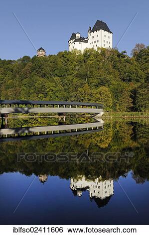 Schloss Burgk Castle and a covered wooden bridge above Burgkhammer Reservoir, Thuringia, Germany, Europe, PublicGround, Europe View Large Photo Image Stock Photograph - Schloss Burgk Castle and a covered wooden bridge above Burgkhammer Reservoir, Thuringia, Germany, Europe, PublicGround, Europe. Fotosearch