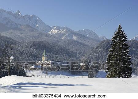 Picture - "Schloss Elmau Castle Hotel, Wetterstein mountain range, Krun, Upper Bavaria, Bavaria, Germany, Europe". Fotosearch