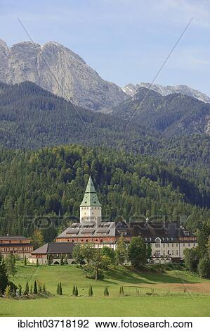 Stock Image - "Schloss Elmau luxury spa in front of the Wetterstein Mountains, Klais, Werdenfelser Land, Upper Bavaria, Bavaria, Germany, Europe". Fotosearch