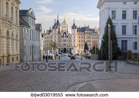 "Schloss Schwerin castle from Schlossstrasse street, Schloss, Schwerin, Mecklenburg-Western Pomerania, Germany, Europe" View Large Photo Image Stock Image - "Schloss Schwerin castle from Schlossstrasse street, Schloss, Schwerin, Mecklenburg-Western Pomerania, Germany, Europe". Fotosearch