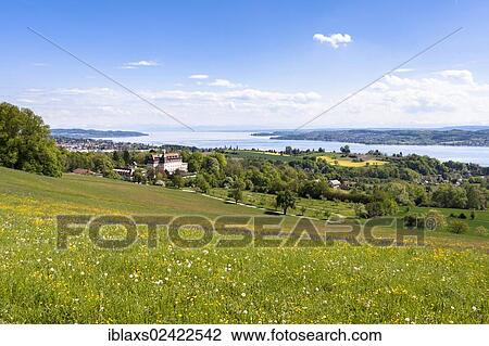 Stock Image - Schloss Spetzgart Castle above Ueberlingen with Lake Constance and the Alps, Baden-Wuerttemberg, Germany, Europe, PublicGround, Europe. Fotosearch