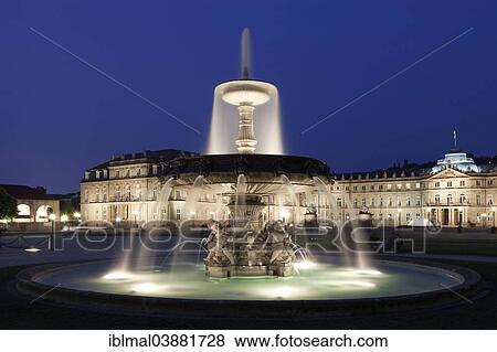 "Schlossplatz square with Neues Schloss Palace and a fountain at night, Stuttgart, Baden-Wurttemberg, Germany, Europe" View Large Photo Image Stock Photo - "Schlossplatz square with Neues Schloss Palace and a fountain at night, Stuttgart, Baden-Wurttemberg, Germany, Europe". Fotosearch