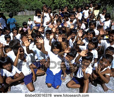 Stock Photo - "School children waving, Linapacan Strait, El Nido, Palawan, Mimaropa, Philippines, Asia". Fotosearch
