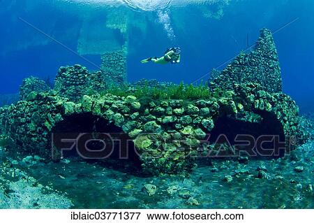 Stock Photo - "Scuba diver in the underwater world of the lake Lago Capo d'Acqua, Capistrano, L'Aquila, Italy, Europe". Fotosearch