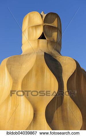 Stock Photo - "Sculpted ventilation shaft on the roof of Casa Mila, La Pedrera, by architect Antoni Gaudi, Barcelona, â€‹â€‹Catalonia, Spain, Europe". Fotosearch