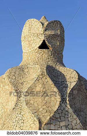 "Sculpted ventilation shaft on the roof of Casa Mila, La Pedrera, by architect Antoni Gaudi, Barcelona, ​​Catalonia, Spain, Europe" View Large Photo Image Stock Photograph - "Sculpted ventilation shaft on the roof of Casa Mila, La Pedrera, by architect Antoni Gaudi, Barcelona, ​​Catalonia, Spain, Europe". Fotosearch