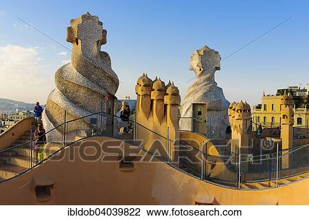 "Sculpted ventilation shafts on the roof of Casa Mila, La Pedrera, by Antoni Gaudi, Barcelona, ​​Catalonia, Spain, Europe" View Large Photo Image Stock Image - "Sculpted ventilation shafts on the roof of Casa Mila, La Pedrera, by Antoni Gaudi, Barcelona, ​​Catalonia, Spain, Europe". Fotosearch