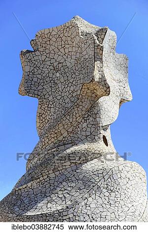 Stock Photography - "Sculptural ventilation shaft on the roof of Casa Mila or La Pedrera by Antoni Gaudi, UNESCO World Heritage Site, Passeig de Gracia, Barcelona, â€‹â€‹Spain". Fotosearch