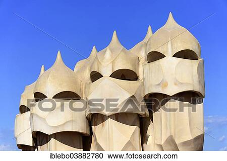 "Sculptural ventilation shafts on the roof of Casa Mila or La Pedrera by Antoni Gaudi, UNESCO World Heritage Site, Passeig de Gracia, Barcelona, ​​Spain" View Large Photo Image Stock Image - "Sculptural ventilation shafts on the roof of Casa Mila or La Pedrera by Antoni Gaudi, UNESCO World Heritage Site, Passeig de Gracia, Barcelona, ​​Spain". Fotosearch