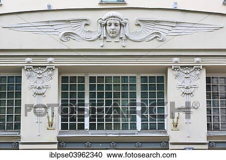 "Sculpture, allegory of the sun, Art Nouveau facade of the house Alberta iela 4 or Albert Street 4, Lyebedinskiy apartment house, architect Mikhail Eisenstein, Riga, Latvia, Europe" View Large Photo Image Stock Image - "Sculpture, allegory of the sun, Art Nouveau facade of the house Alberta iela 4 or Albert Street 4, Lyebedinskiy apartment house, architect Mikhail Eisenstein, Riga, Latvia, Europe". Fotosearch