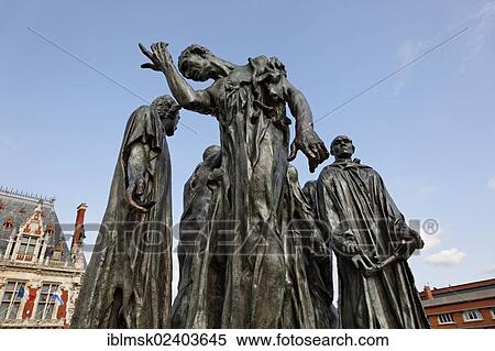 Stock Photography - "Sculpture by Auguste Rodin, The Burghers of Calais, on the square of Place de l'Hotel de Ville in Calais, Via Francigena, Calais, Pas-de-Calais department, North Pas-de-Calais region, France, Europe". Fotosearch