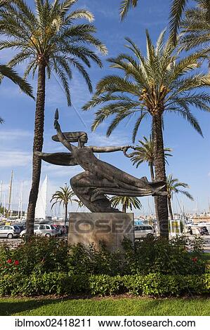 Stock Image - Sculpture for returning fishermen on the promenade, Avinguda de Gabriel Roca, Palma de Mallorca, Majorca, Balearic Islands, Spain, Europe. Fotosearch