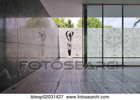 "Sculpture in a water pool, Barcelona Pavilion, reconstructed German Pavilion for the 1929 Barcelona International Exposition, by architect Ludwig Mies van der Rohe, Montjuic, Barcelona, Catalonia, Spain, Europe" View Large Photo Image Stock Photo - "Sculpture in a water pool, Barcelona Pavilion, reconstructed German Pavilion for the 1929 Barcelona International Exposition, by architect Ludwig Mies van der Rohe, Montjuic, Barcelona, Catalonia, Spain, Europe". Fotosearch