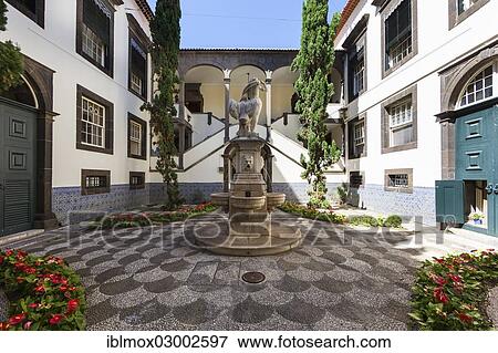 Stock Photo - "Sculpture in the courtyard, town hall or Camara Municipal of Funchal, Praco do Municipio, Santa Luzia, Funchal, Madeira, Portugal, Europe". Fotosearch