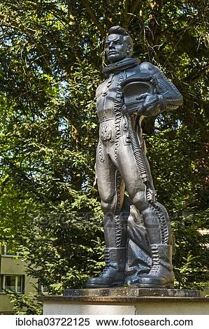 Stock Photography - "Sculpture of a pilot in front of the villa of a former commander, Waldstadt, Wunsdorf, Brandenburg, Germany, Europe". Fotosearch