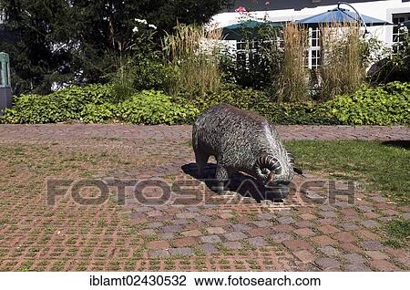 Stock Image - "Sculpture of a ram by Maria Kloss, in the courtyard of the Amtshaus and the Hospital of the Holy Spirit, called Spitalinnenhof, sculpture trail of Schwaebisch Gmuend, Baden-Wuerttemberg, Germany, Europe, PublicGround, Europe". Fotosearch