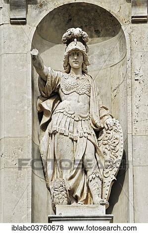 Stock Photo - "Sculpture of a warrior on the facade of the Bavarian National Museum, Munich, Upper Bavaria, Bavaria, Germany, Europe". Fotosearch