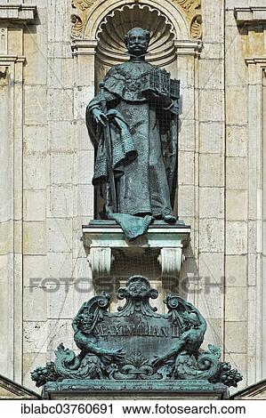 Stock Image - "Sculpture of Maximilian II on the facade of the Bavarian National Museum, Munich, Upper Bavaria, Bavaria, Germany, Europe". Fotosearch