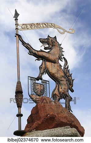 Stock Image - "Sculpture representing the Gevaudan Beast, Aumont Aubrac, Aubrac, Lozere, France, Europe". Fotosearch