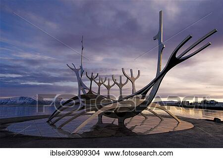 "Sculpture Solfar or sun ride, The Sun Voyager by artist Jon Gunnar Arnason, Viking Ship made of stainless steel, Reykjavik, Iceland, Europe" View Large Photo Image Picture - "Sculpture Solfar or sun ride, The Sun Voyager by artist Jon Gunnar Arnason, Viking Ship made of stainless steel, Reykjavik, Iceland, Europe". Fotosearch