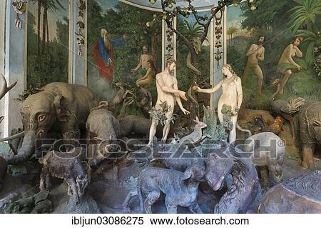 Stock Photography - "Sculptures of Adam and Eve by the Flemish artist Juan de Wespin, known as Il Tabacchetti, in the chapel with the representation of the Fall of Man, UNESCO World Cultural Heritage Site, Sacro Monte di Varallo, Varallo, Piedmont, Italy, Europe". Fotosearch