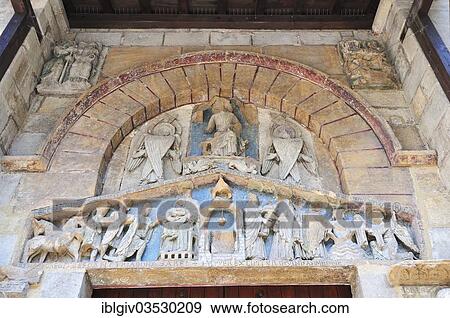 Stock Photo - "Sculptures on the facade, Basilica of Notre-Dame du Port, Clermont-Ferrand, Departement Puy-de-Dome, Auvergne, France, Europe". Fotosearch