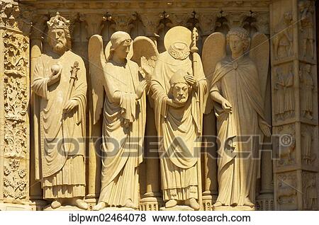 Stock Photo - "Sculptures on the front of Notre Dame Cathedral, Paris, France, Europe". Fotosearch