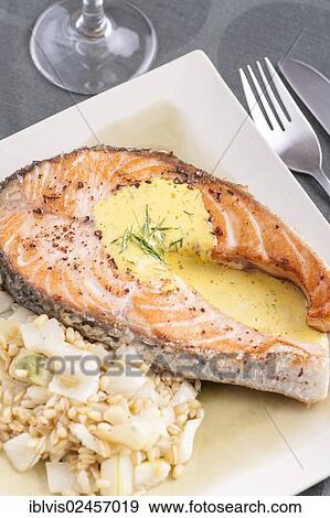 "Seafood meal with fried salmon, bulgur, fennel and aioli" View Large Photo Image Stock Photo - "Seafood meal with fried salmon, bulgur, fennel and aioli". Fotosearch