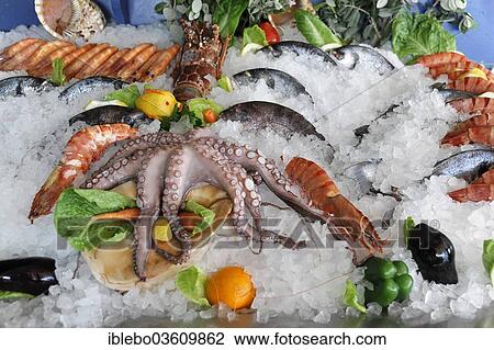 Stock Image - "Seafood on ice, Rethymno, Crete, Greece, Europe". Fotosearch