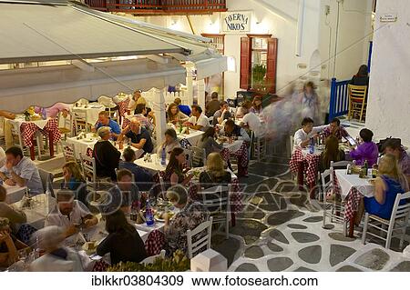 "Seafood restaurant """"Taverna Nikos"""", Mykonos Town, Mykonos, Cyclades, Greece, Europe" View Large Photo Image Stock Photo - "Seafood restaurant """"Taverna Nikos"""", Mykonos Town, Mykonos, Cyclades, Greece, Europe". Fotosearch