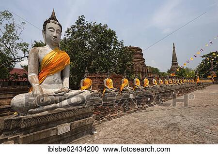 "Seated Buddha statues in the garden of Wat Yai Chai Mongkon, Ayutthaya, Thailand, Asia" View Large Photo Image Stock Image - "Seated Buddha statues in the garden of Wat Yai Chai Mongkon, Ayutthaya, Thailand, Asia". Fotosearch