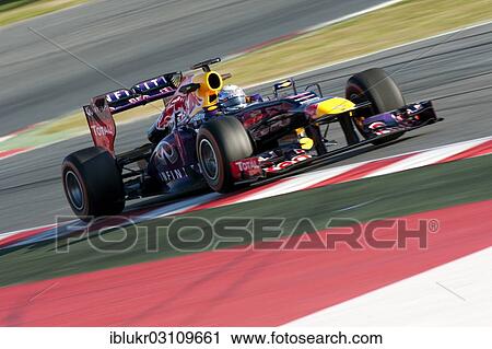 Stock Image - "Sebastian Vettel, in Red Bull Racing Renault RB9, during Formula 1 test run on 19 - 22. 02. 2013 at the Circuito de Catalunya, bei Barcelona, Spain, Europe". Fotosearch
