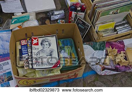 Stock Image - "Second hand magazines for sale at the weekly flea market, Dresden, Saxony, Germany, Europe". Fotosearch