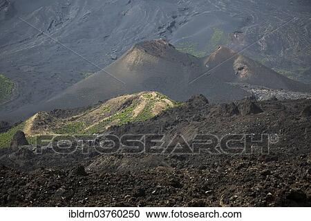 Stock Image - "Secondary crater in the lava field of the Pico do Fogo volcano, Fogo National Park, Fogo island, Cape Verde, Africa". Fotosearch
