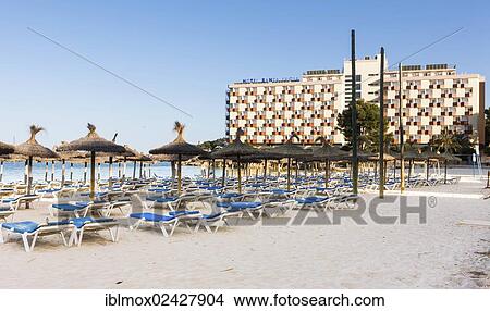 Picture - "Section of beach near Palma Nova with sunbeds and hotels, Palma Nova, Majorca, Balearic Islands, Spain, Europe". Fotosearch
