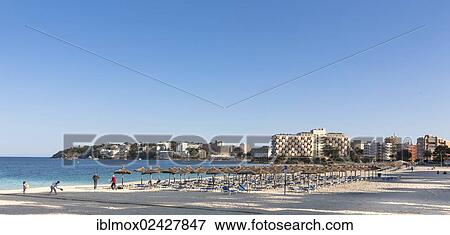 Stock Photo - "Section of beach near Palma Nova with sunbeds and hotels, Palma Nova, Majorca, Balearic Islands, Spain, Europe". Fotosearch