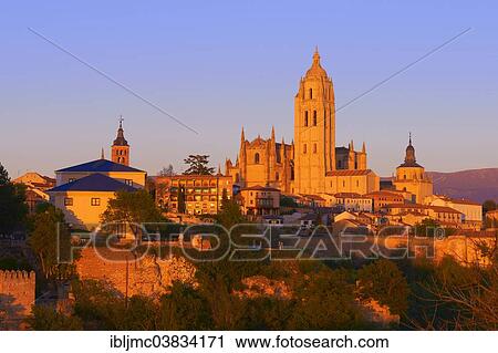 Stock Image - "Segovia Cathedral, at sunset, Segovia, Castile and Leon, Spain, Europe". Fotosearch