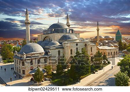 Stock Image - "Selimiye Camii mosque next to the Mevlana museum, the mausoleum of Jalal ad-Din Muhammad Rumi, a Sufi mystic also known as Mevlana or Rumi; it was also the dervish lodge, tekke, of the Mevlevi order, Konya, Turkey, Asia". Fotosearch